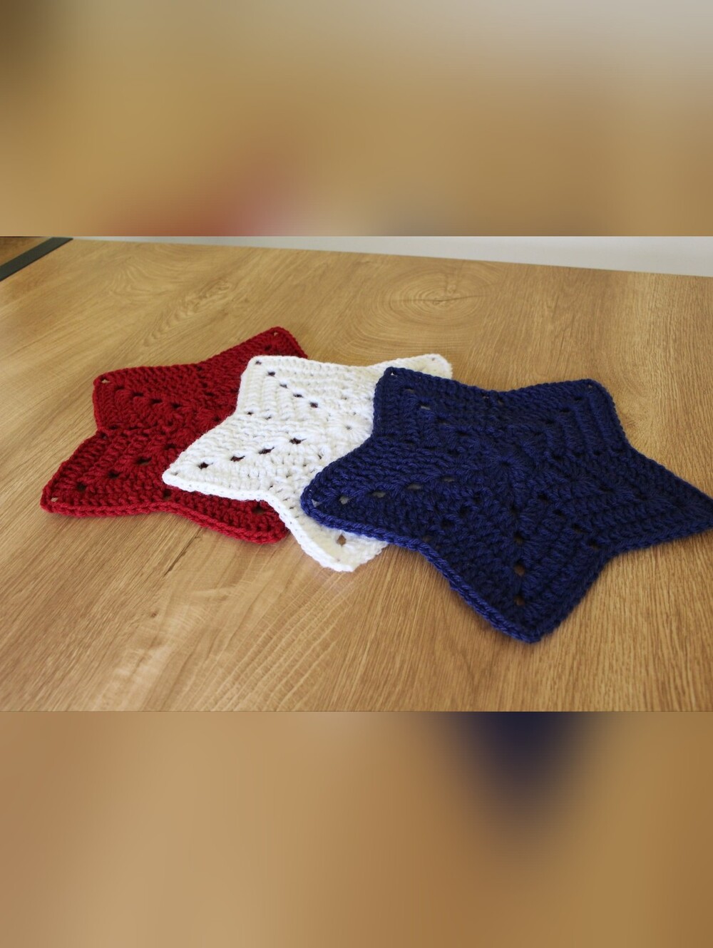 Handmade Patriotic Star Doilies- Set of 3- Red, Sparkly White and Blue